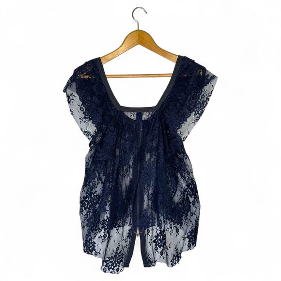 Free People Women's Lace Zip Top Size M Navy Blue Dual Zipper Front Ruffle - Picture 3 of 8